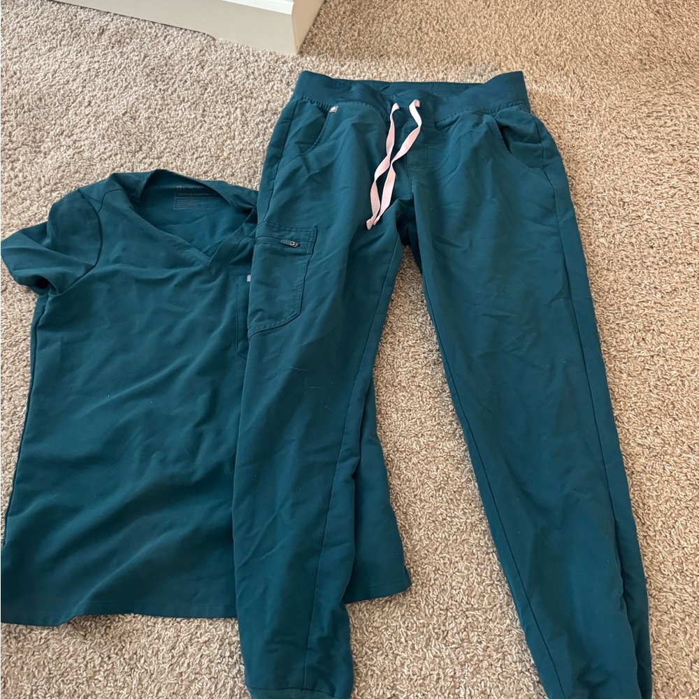Figs Teal Scrub Set with Pink Accents